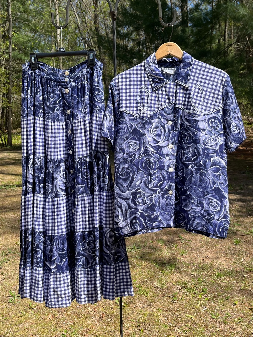 80s Faith Gingham & Roses Tiered Skirt & Blouse 2-Piece Set Western Boho